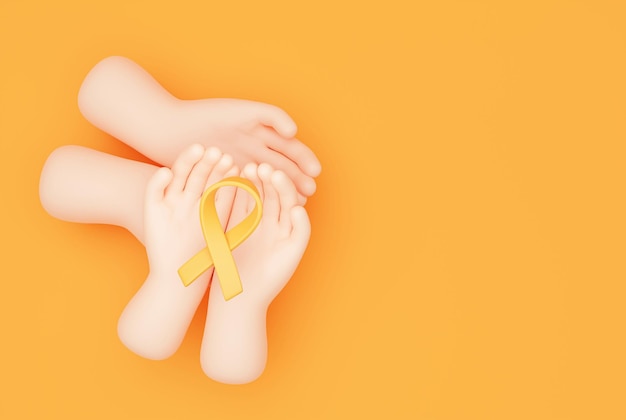 Yellow ribbon in hand International Childhood Cancer Day background banner cartoon 3d illustration