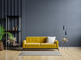 Yellow sofa and a wooden table in living room interior with plant,dark blue wall.3d rendering