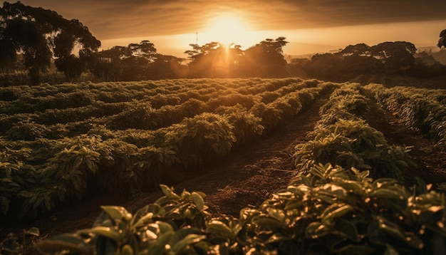 Yellow sun sets over lush farm meadow generated by ai