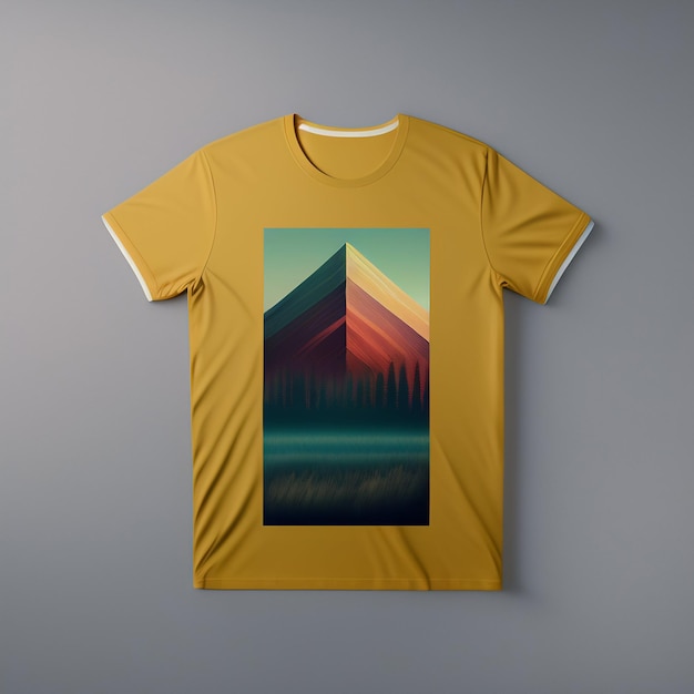 A yellow t - shirt with a mountain in the middle and a picture of a forest on the bottom.