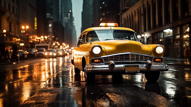Yellow taxi on streets of new york city at night