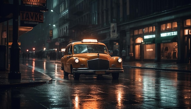 Yellow taxis rush through city streets at twilight generated by AI