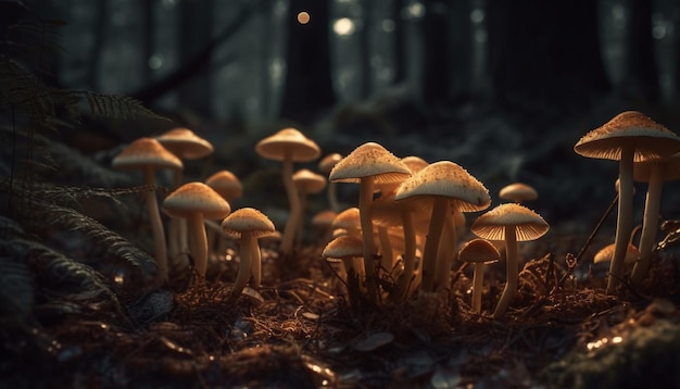 AI가 생성한 가을 숲에서 야생으로 자라는 노란 버섯