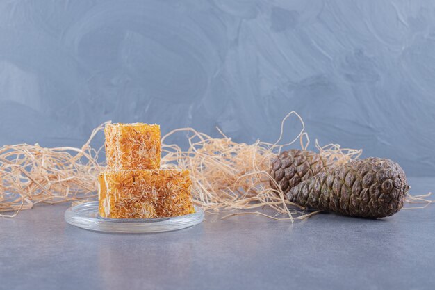 Yellow traditional turkish delight with peanuts.