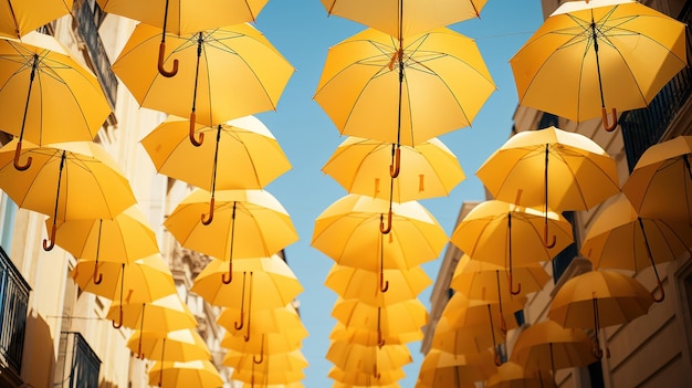 Бесплатное фото Желтые зонтики парят над улицами.