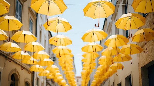 Free photo yellow umbrellas hover over the streets