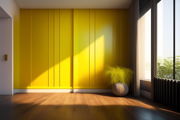 A yellow wall in a room with a plant in the corner.