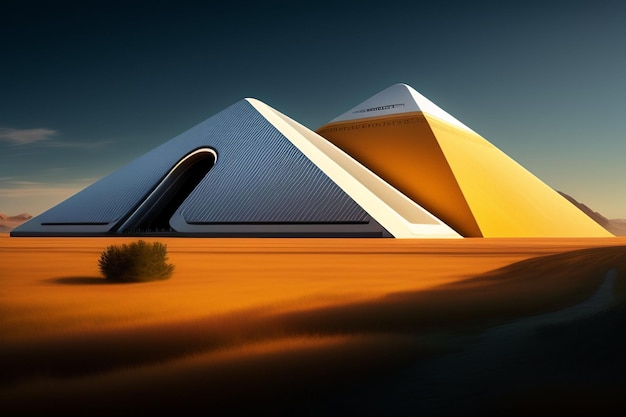 A yellow and white pyramid building with the word " pyramid " on the top.