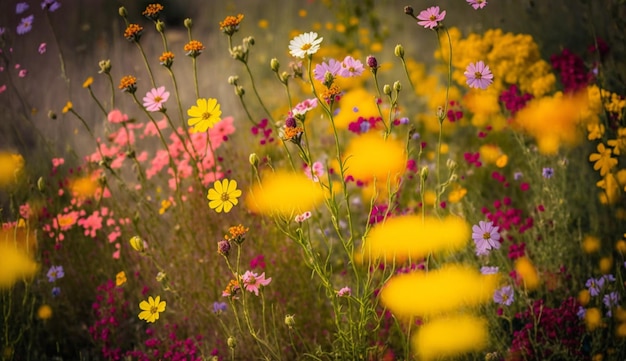 Желтый полевой цветок на лугу, свежая весенняя красота, генеративный AI
