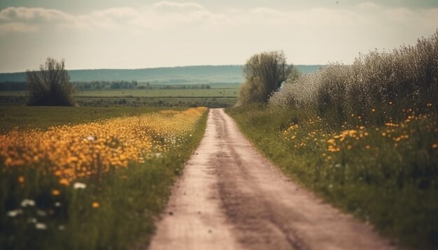 Yellow wildflowers bloom in serene rural landscape generated by AI