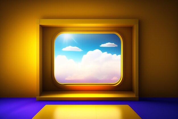 A yellow window with a blue sky and clouds in the background.