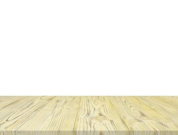 Yellow wooden table top isolated on white backdrop