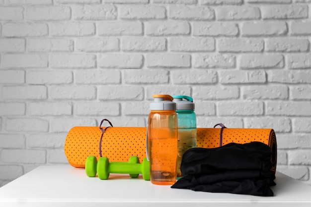 Yoga equipment arrangement on table