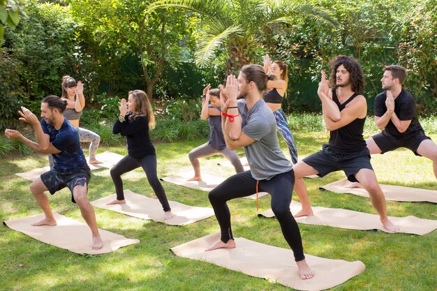 Yoga lovers enjoying practice on grass