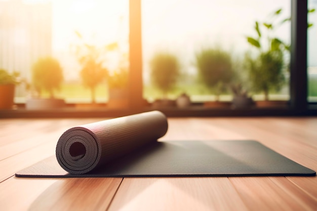 Un tappetino da yoga a casa con il tramonto