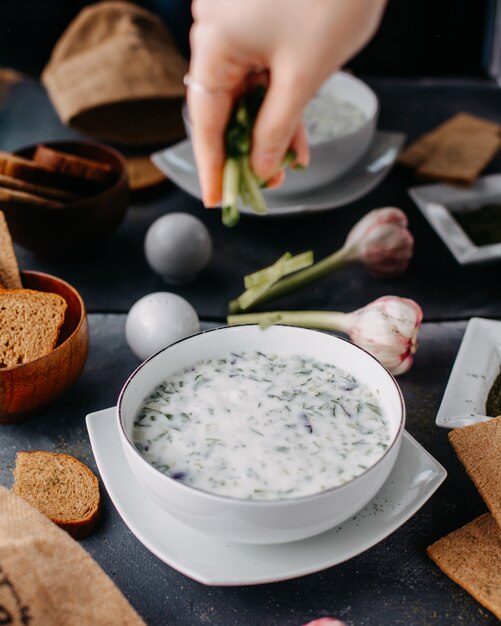 yogurt dovga with greens inside round white plate along with bread loafs eggs on grey table