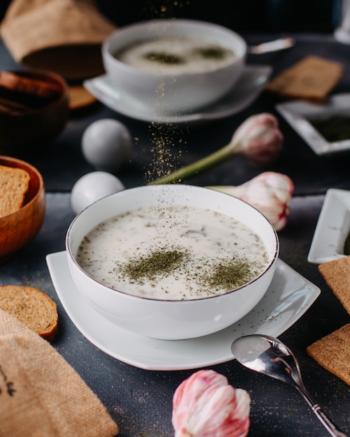 yogurt dovga with greens inside round white plate along with bread loafs eggs on grey table