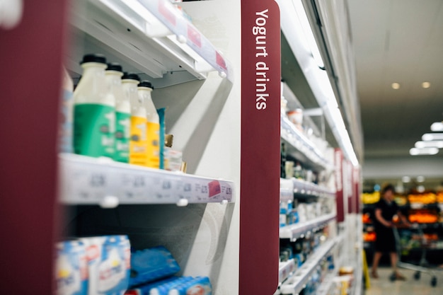 Yogurt drinks section in a supermarket