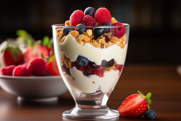 Free photo yogurt parfait with fresh fruits on rustic wooden table