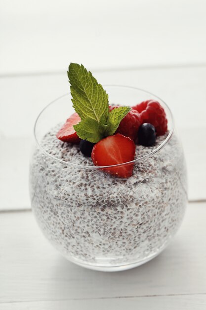 Yogurt with chia seed and berries in glass