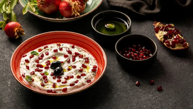 Free photo yogurt with pomegranate and olive oil