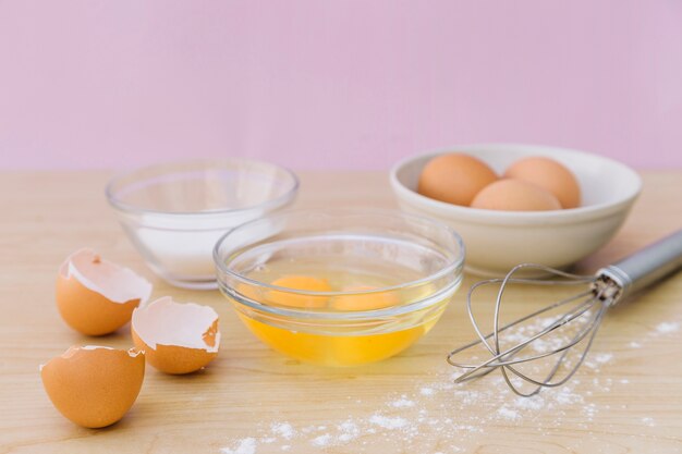 Yolk egg bowl with shells in bowl on wooden desk