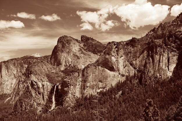 Yosemite Valley with mountains and waterfalls in black and white