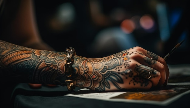 Foto gratuita giovane artista adulto che lavora su un tatuaggio all'henné generato dall'intelligenza artificiale