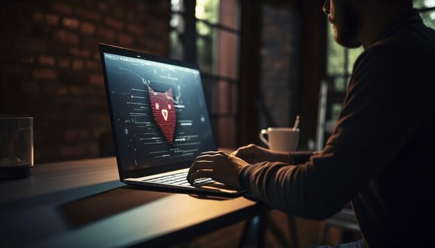 Young adult businessman sitting at desk typing generated by AI