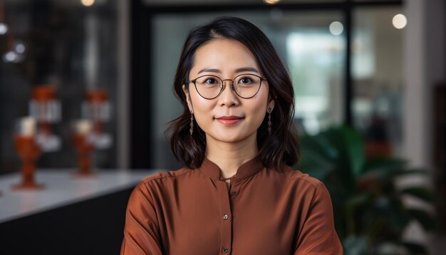 Young adult businesswoman looking at camera with confidence generated by AI