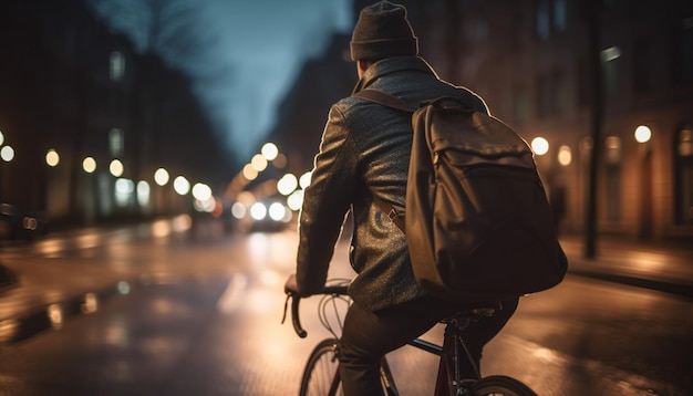 Молодой взрослый на велосипеде по ночным улицам города, сгенерированный ИИ