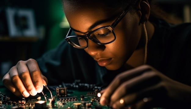 Young adult engineer holding soldered computer chip generated by ai