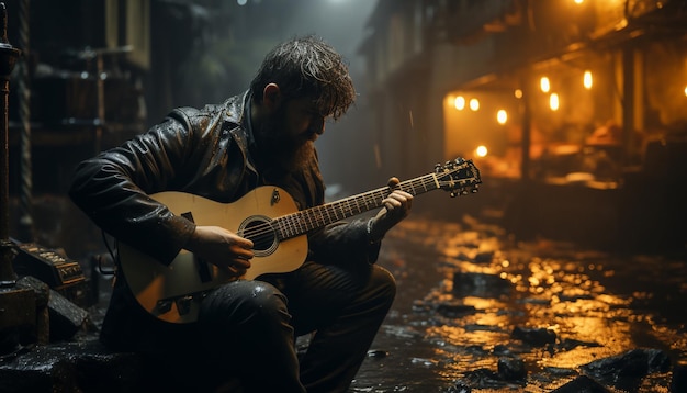 Free photo young adult guitarist playing an acoustic guitar at a rock concert generated by ai