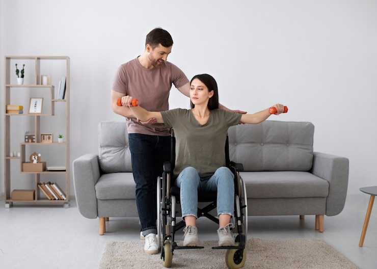 Free Photo young adult helping disabled friend