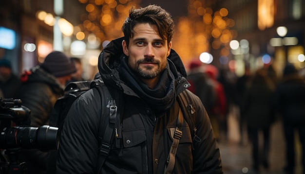 A young adult man outdoors at night looking at camera generated by artificial intelligence