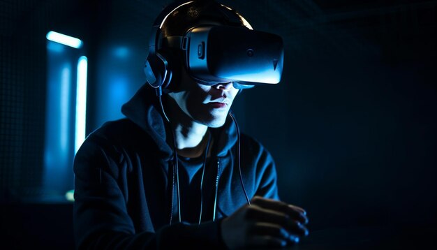 Молодой взрослый мужчина играет в игры виртуальной реальности в помещении, созданные ИИ