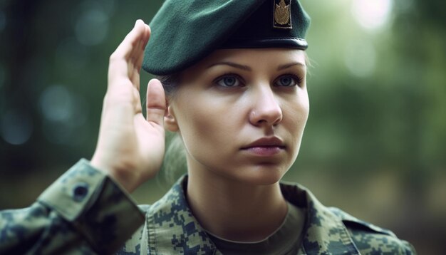 Young adult in military uniform looking confident generated by AI