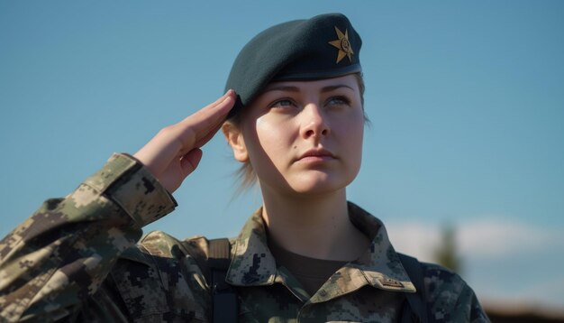 Young adult in military uniform salutes outdoors generated by AI