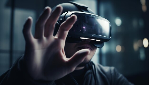 Free photo young adult playing futuristic virtual reality simulator game generated by ai