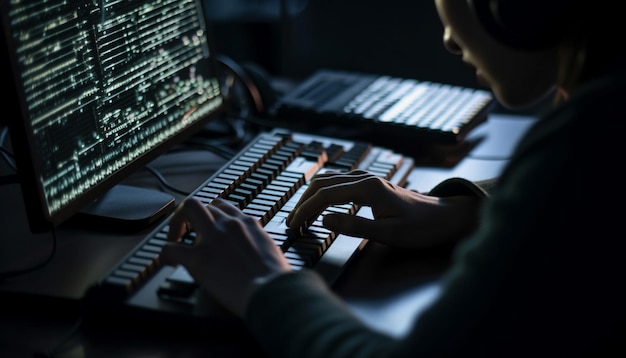 Молодой взрослый программист печатает на компьютере в офисе, сгенерированном ИИ