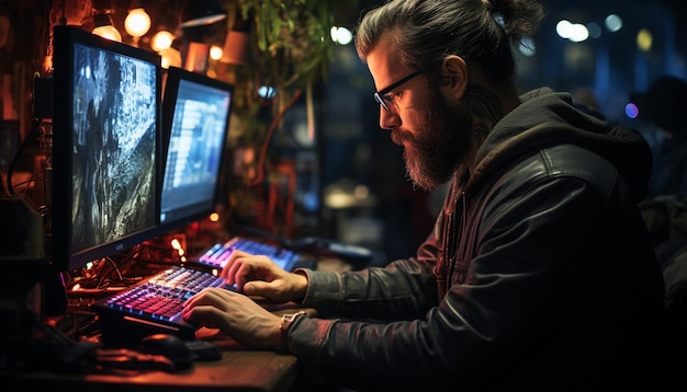 Молодой программист работает ночью в помещении, используя компьютер, созданный искусственным интеллектом.