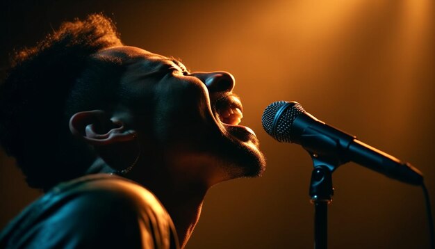 Il giovane cantante adulto esegue musica rock sul palco ia generativa