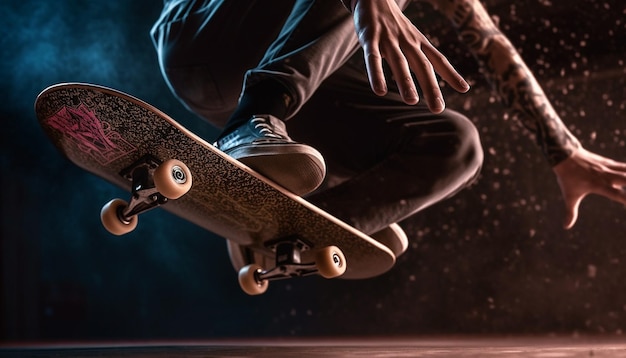 Young adult skateboarder jumps mid air in city generative AI