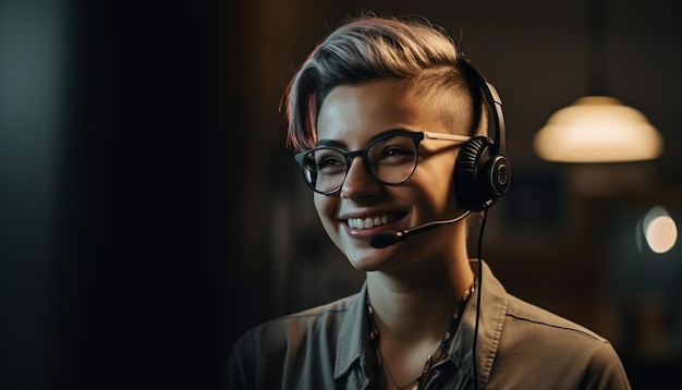 Free photo young adult smiling with hands free device generated by ai