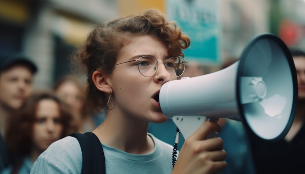 Free photo young adult speaker announces message to crowd generated by ai