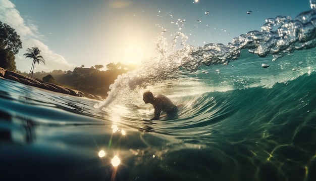 Молодой взрослый серфинг в тропическом закате Мауи, созданный ИИ