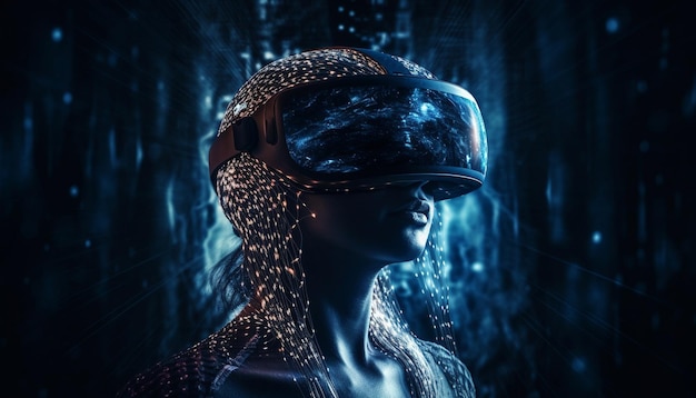 Молодая взрослая женщина в футуристической виртуальной реальности, созданной ИИ