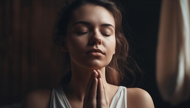 Young adult woman meditating in serene solitude generated by AI