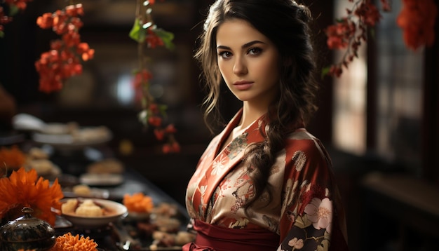 Young adult woman in traditional clothing smiling holding food looking confident generated by artificial intelligence