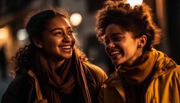 Free photo young adults bond smile and enjoy nightlife generated by ai